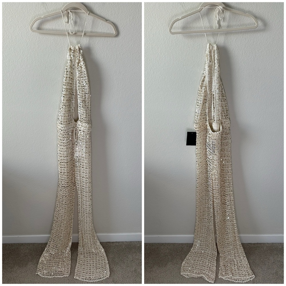 NWT Retrofête TOSCA SEQUIN CROCHET JUMPSUIT Ivory Gold SZ M/L - Picture 3 of 8
